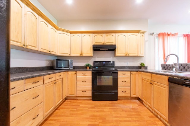 kitchen featuring light hardwood / wood-style floors, light brown cabinetry, sink, and appliances with stainless steel finishes