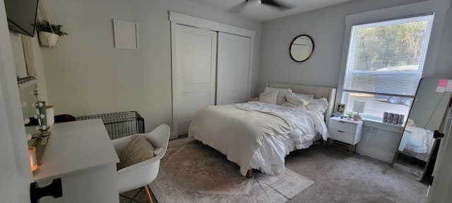 bedroom with dark carpet and a closet