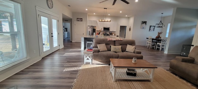 living room with dark hardwood / wood-style flooring, a towering ceiling, french doors, and a healthy amount of sunlight