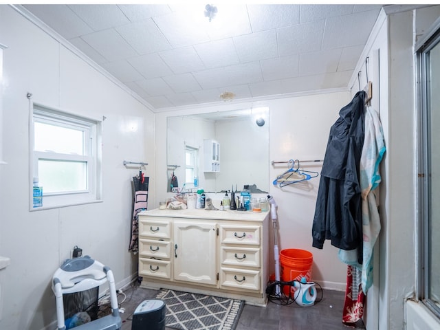 bathroom featuring enclosed tub / shower combo, vanity, hardwood / wood-style floors, and crown molding