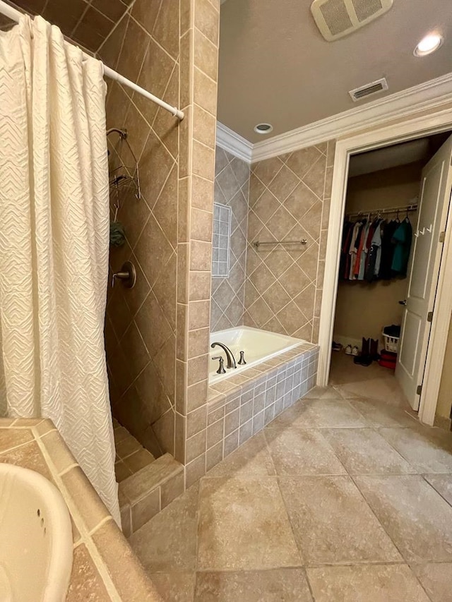 bathroom featuring shower with separate bathtub and crown molding