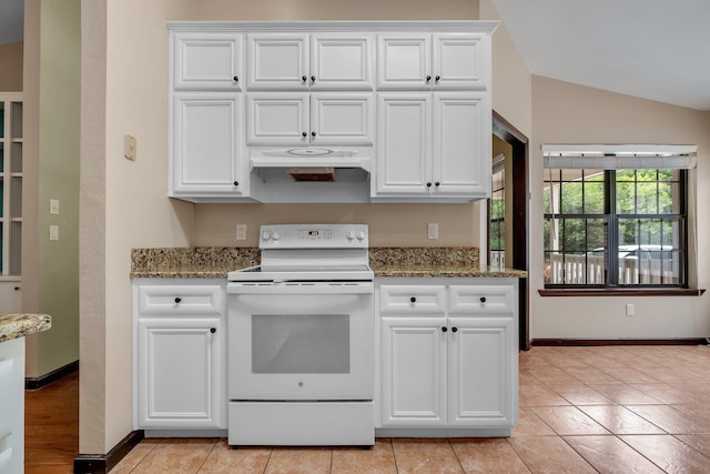 2825 Ohara Dr, Tallahassee, FL 32309 - kitchen with white electric stove, extractor fan, white cabinets, light tile patterned floors, and baseboards
