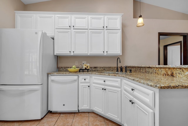 2825 Ohara Dr, Tallahassee, FL 32309 - kitchen with white appliances, lofted ceiling, a sink, white cabinets, and light stone countertops