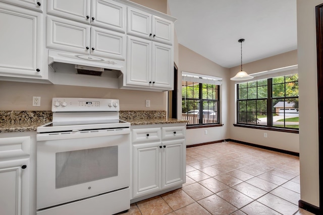 2825 Ohara Dr, Tallahassee, FL 32309 - kitchen with white range with electric cooktop, under cabinet range hood, lofted ceiling, white cabinets, and light tile patterned floors