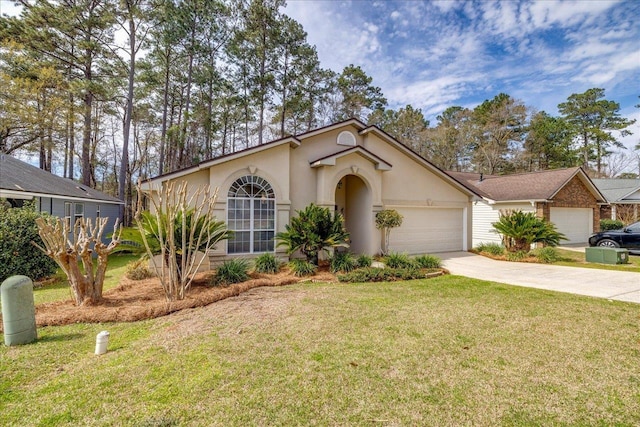 view of front of house featuring a garage, concrete driveway, a front lawn, and stucco siding