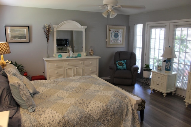 bedroom featuring dark hardwood / wood-style floors and ceiling fan