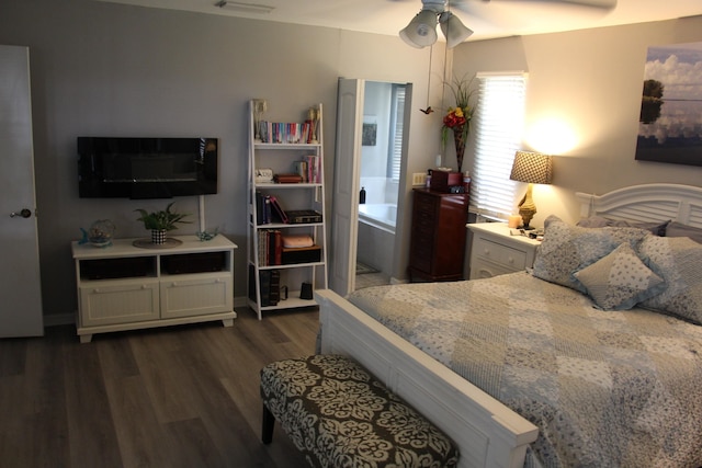 bedroom featuring ceiling fan and dark hardwood / wood-style flooring