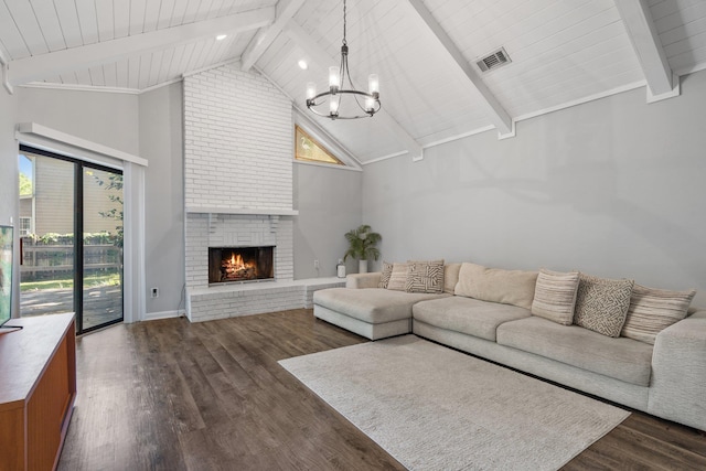 4601 Killimore Ln, Tallahassee, FL 32309 - living area featuring a chandelier, high vaulted ceiling, dark wood-style floors, wooden ceiling with exposed beams, and a fireplace