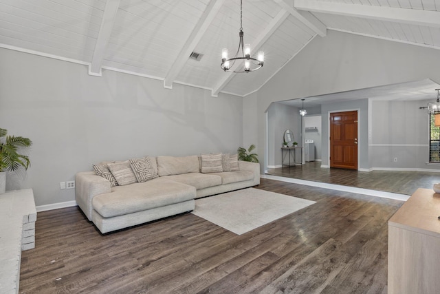 4601 Killimore Ln, Tallahassee, FL 32309 - living area with a chandelier, high vaulted ceiling, dark wood finished floors, baseboards, and wooden ceiling with exposed beams