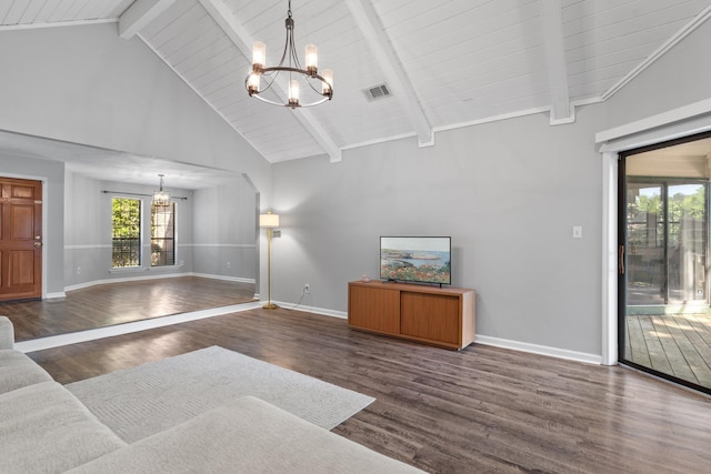4601 Killimore Ln, Tallahassee, FL 32309 - living room with a chandelier, wood finished floors, high vaulted ceiling, baseboards, and wood ceiling with exposed beams