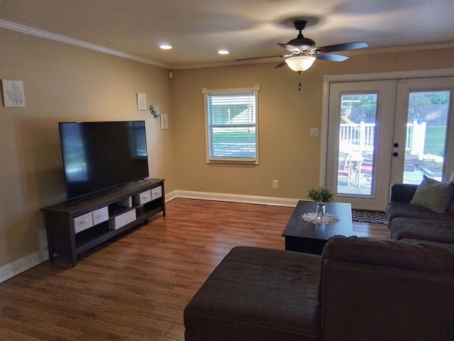 88 Wildwood Dr, Crawfordville, FL 32327 - living area with crown molding, dark wood-style flooring, recessed lighting, a ceiling fan, and french doors