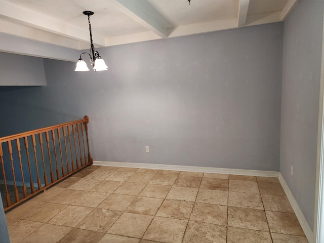 unfurnished room with beam ceiling and a notable chandelier