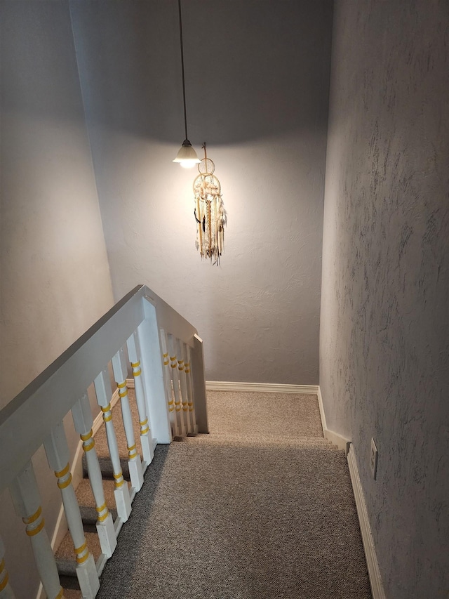 stairway featuring carpet flooring