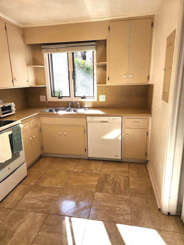 kitchen featuring white appliances, sink, backsplash, electric panel, and cream cabinetry