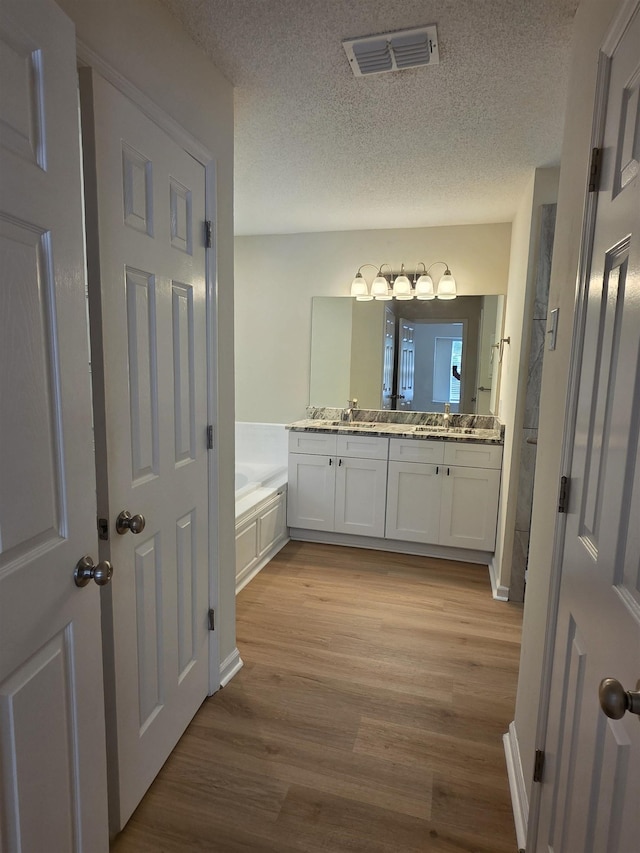 9369 Buck Haven Trl, Tallahassee, FL 32312 - bathroom featuring double vanity, wood finished floors, a garden tub, and a textured ceiling