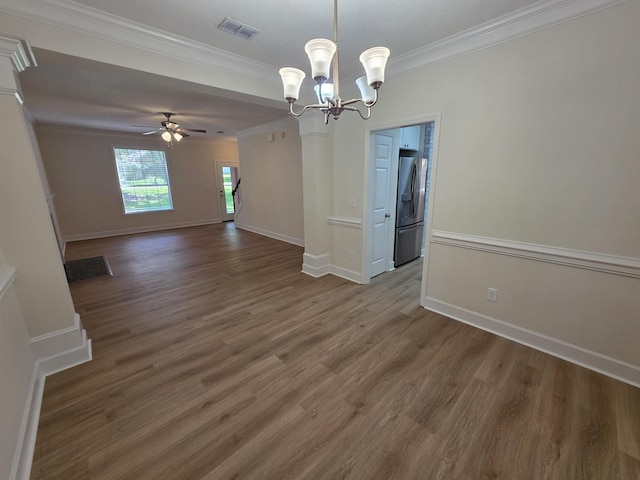 9369 Buck Haven Trl, Tallahassee, FL 32312 - unfurnished room with crown molding, wood finished floors, ceiling fan, and a chandelier