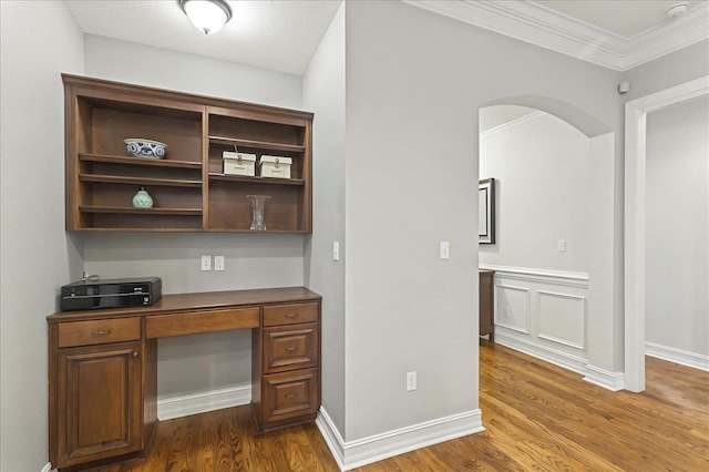 2617 Manassas Way, Tallahassee, FL 32312 - unfurnished office with dark wood finished floors, arched walkways, and crown molding