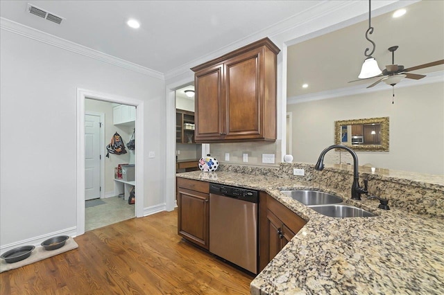 2617 Manassas Way, Tallahassee, FL 32312 - kitchen featuring dishwasher, wood finished floors, light stone countertops, ornamental molding, and ceiling fan