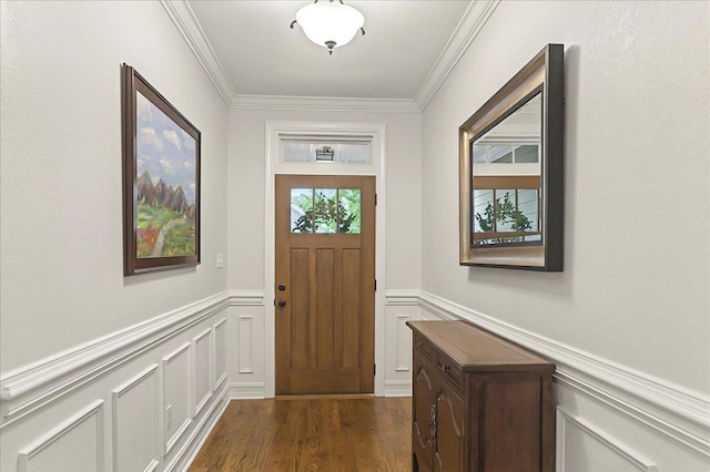 2617 Manassas Way, Tallahassee, FL 32312 - foyer entrance featuring wainscoting, ornamental molding, a decorative wall, and dark wood finished floors