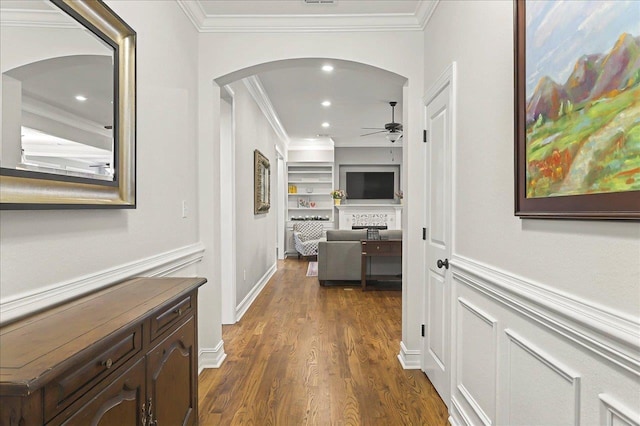 2617 Manassas Way, Tallahassee, FL 32312 - hallway with ornamental molding, arched walkways, dark wood finished floors, built in features, and recessed lighting