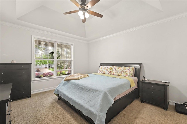 2617 Manassas Way, Tallahassee, FL 32312 - bedroom with light colored carpet, a raised ceiling, ornamental molding, and ceiling fan