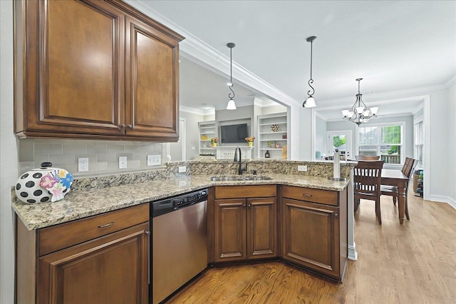 2617 Manassas Way, Tallahassee, FL 32312 - kitchen with dishwasher, light wood-style floors, a peninsula, light stone counters, and ornamental molding