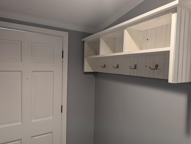 mudroom with vaulted ceiling and crown molding