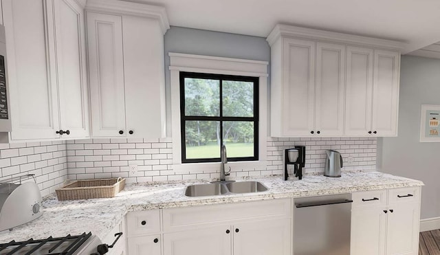 947 Cap Tram Rd, Tallahassee, FL 32317 - kitchen featuring backsplash, white cabinetry, light stone counters, and dishwasher