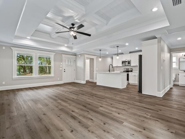 17 Broken Bow Trl, Crawfordville, FL 32327 - unfurnished living room featuring ornamental molding, a sink, recessed lighting, dark wood-type flooring, and a ceiling fan