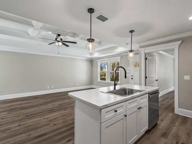 17 Broken Bow Trl, Crawfordville, FL 32327 - kitchen with a sink, crown molding, dishwasher, dark wood-style flooring, and a kitchen island with sink