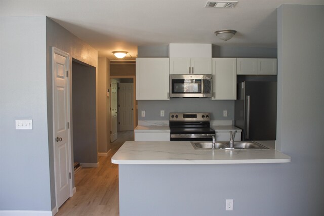 kitchen featuring white cabinetry, appliances with stainless steel finishes, sink, kitchen peninsula, and light hardwood / wood-style flooring