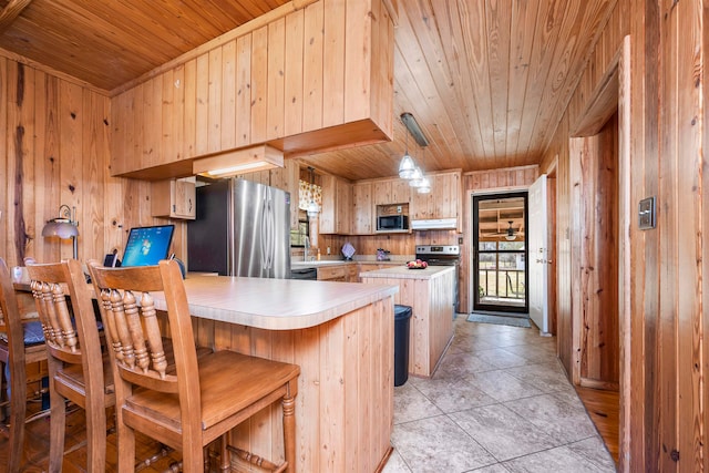 kitchen with stainless steel appliances, decorative light fixtures, wood walls, kitchen peninsula, and wooden ceiling