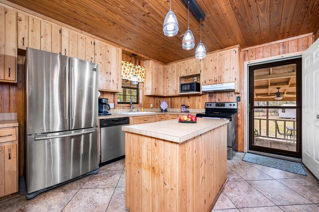 kitchen with wooden ceiling, a wealth of natural light, a kitchen island, and appliances with stainless steel finishes