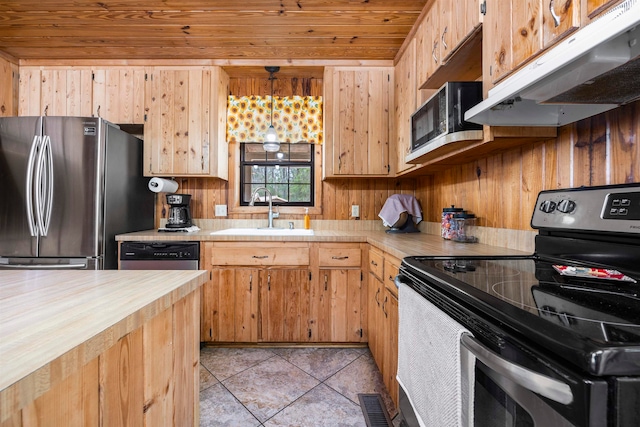 kitchen featuring stainless steel appliances, wood walls, sink, wooden ceiling, and pendant lighting