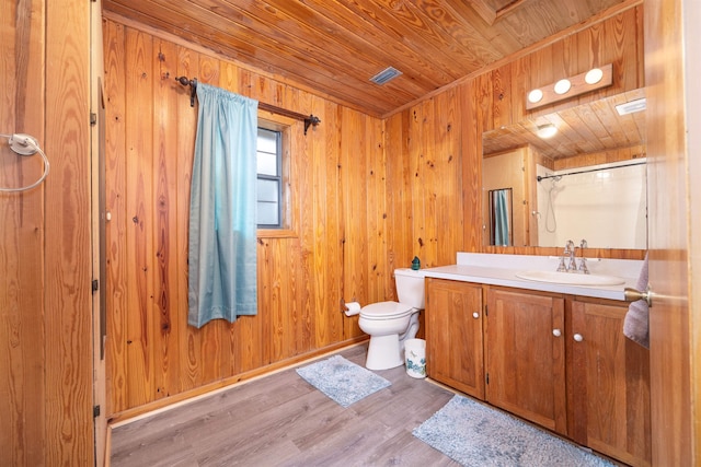 bathroom featuring wood-type flooring, toilet, wood ceiling, wood walls, and vanity