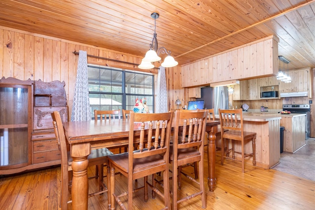 dining room featuring light hardwood / wood-style floors, wood walls, and wooden ceiling