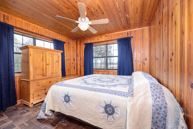 bedroom featuring ceiling fan, wooden walls, wooden ceiling, and dark parquet flooring