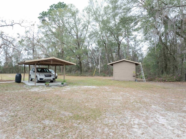 view of yard with a storage unit and a carport