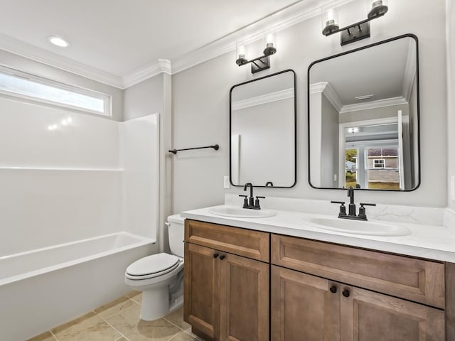 full bathroom with crown molding, vanity, toilet, and bathing tub / shower combination