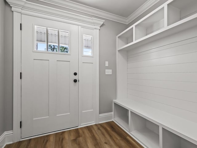 mudroom featuring ornamental molding and dark hardwood / wood-style floors