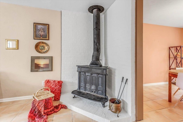 interior details featuring a wood stove