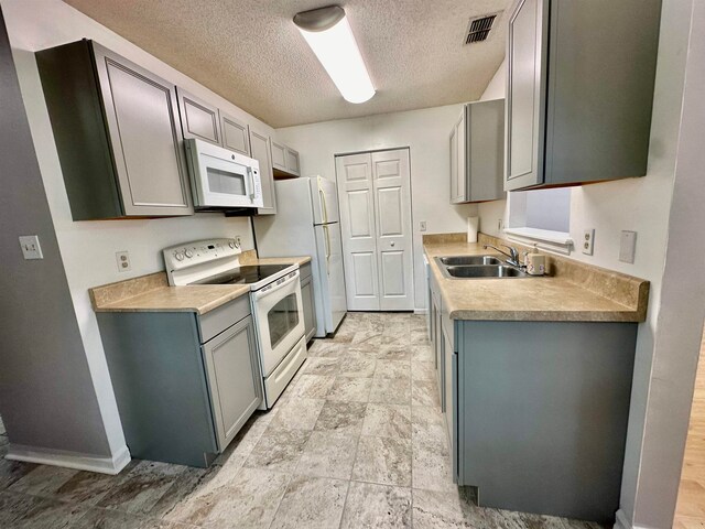 kitchen featuring sink, white appliances, and gray cabinetry