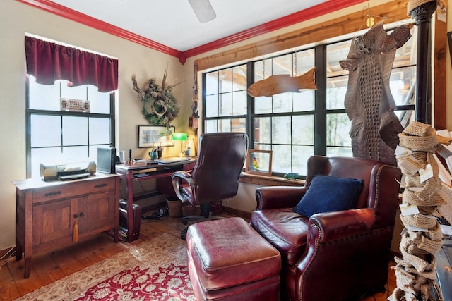 office space featuring light hardwood / wood-style floors, ceiling fan, and ornamental molding