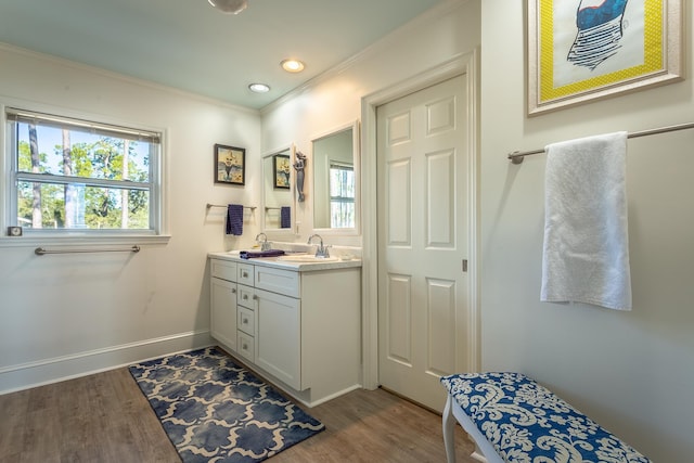 bathroom featuring crown molding, wood-type flooring, and vanity