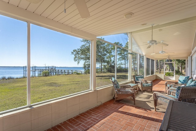 unfurnished sunroom with wooden ceiling, ceiling fan, and a water view