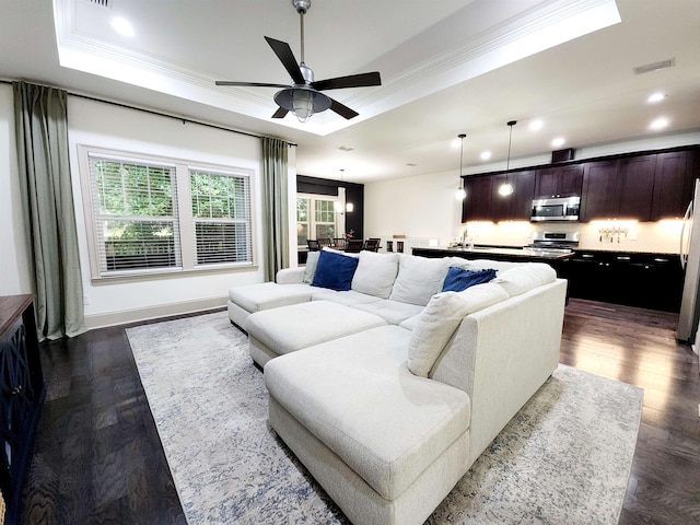 living room featuring ceiling fan, sink, dark wood-type flooring, a raised ceiling, and crown molding