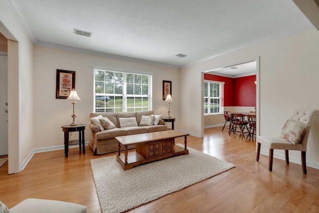 living room featuring a textured ceiling, crown molding, and light hardwood / wood-style flooring