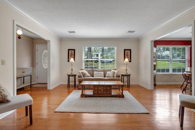 living room featuring plenty of natural light, light wood-type flooring, and crown molding