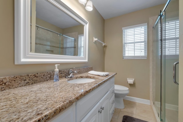 bathroom featuring tile patterned flooring, vanity, toilet, and a shower with door