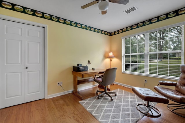 office featuring ceiling fan and light wood-type flooring